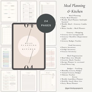May include: A digital meal planning and kitchen planner with 24 pages. The planner includes daily and weekly meal planners, grocery lists, budget trackers, and food inventory sheets. The design is minimalist with a neutral color palette.