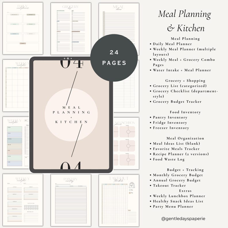 May include: A digital meal planning and kitchen planner with 24 pages. The planner includes daily and weekly meal planners, grocery lists, budget trackers, and food inventory sheets. The design is minimalist with a neutral color palette.