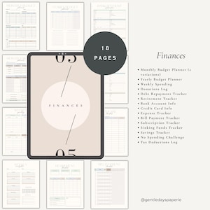 May include: A digital finance planner with 18 pages, featuring a monthly budget, yearly budget, debt repayment tracker, and more. The planner has a neutral color scheme with a minimalist design. The text "Finances" is displayed prominently.