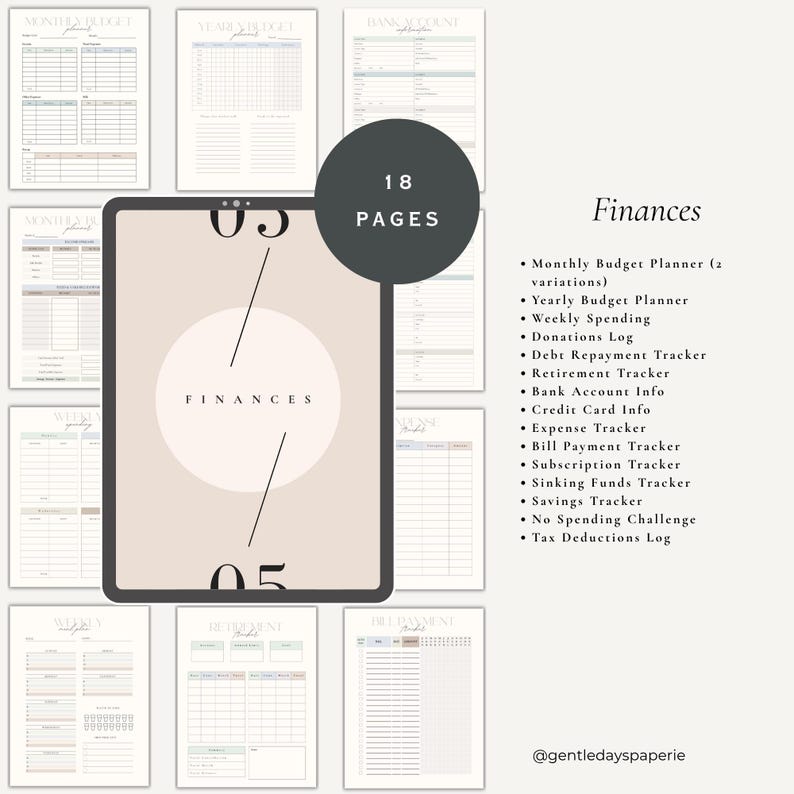 May include: A digital finance planner with 18 pages, featuring a monthly budget, yearly budget, debt repayment tracker, and more. The planner has a neutral color scheme with a minimalist design. The text "Finances" is displayed prominently.