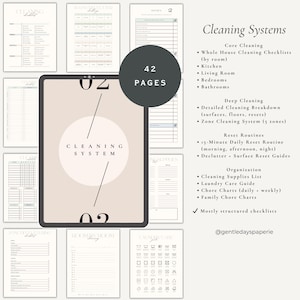 May include: A digital cleaning system with 42 pages, featuring checklists, routines, and guides. The design includes a tablet with the words "Cleaning System" and a list of cleaning topics, such as kitchen, bedrooms, and laundry care.