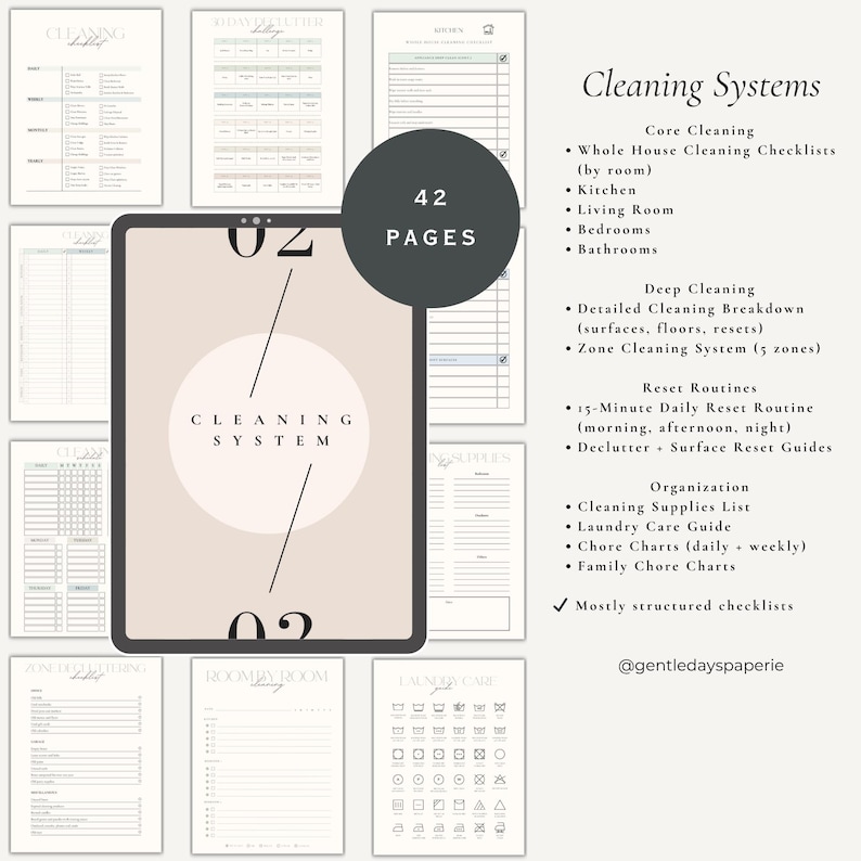 May include: A digital cleaning system with 42 pages, featuring checklists, routines, and guides. The design includes a tablet with the words "Cleaning System" and a list of cleaning topics, such as kitchen, bedrooms, and laundry care.