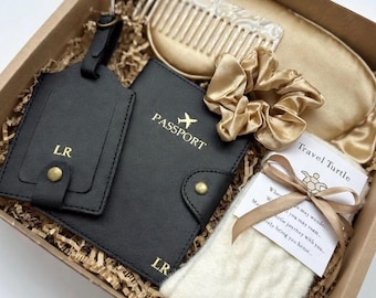 Set de regalo de viaje personalizado: funda para pasaporte grabada y etiqueta para equipaje