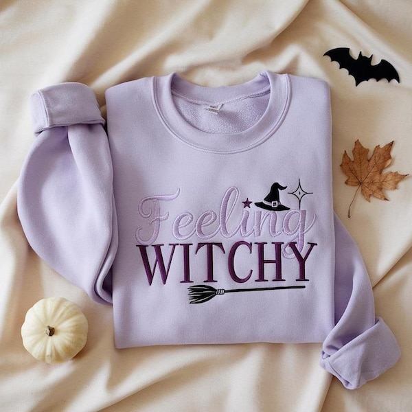 魔女の刺繍ハロウィンデザイン、魔女のクルーネック、不気味、幽霊、ハロウィンデザイン、ホラーデザイン、刺繍ハロウィンパーティー