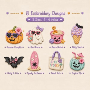 Paquete de diseños de bordado espeluznantes de verano, fantasma, calabaza, murciélago, bolso de playa, tabla de surf, Halloween, verano, bordado a máquina, archivo digital