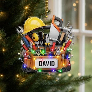 Custom Name Construction Tool Box Worker Xmas Acrylic Ornament – Personalized Christmas Tree Decoration, Gift for Handyman