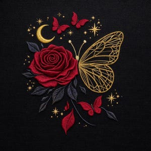 Op de afbeelding: Geborduurd ontwerp met een rode roos, een gouden vlinder en drie rode vlinders op een zwarte achtergrond. Gouden sterren en een halve maan accentueren de bloemen- en insectenelementen. Het ontwerp is gedetailleerd en ingewikkeld.