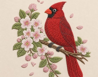 Cardinal Bird Embroidery Design, Red Bird Floral Machine Embroidery Pattern, Nature Digital Download File