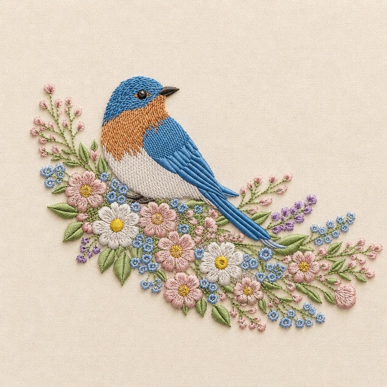Bluebird Floral Embroidery Design, Spring Bird Machine Embroidery ...