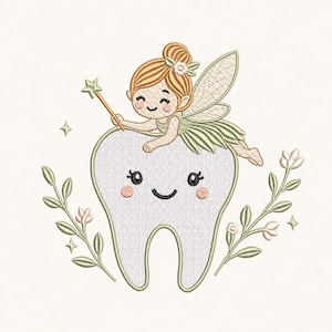 May include: An embroidered design featuring a smiling tooth fairy with a wand, perched on a large tooth. The fairy has blonde hair and green clothing. The tooth has a friendly face, surrounded by floral accents in green and pink.
