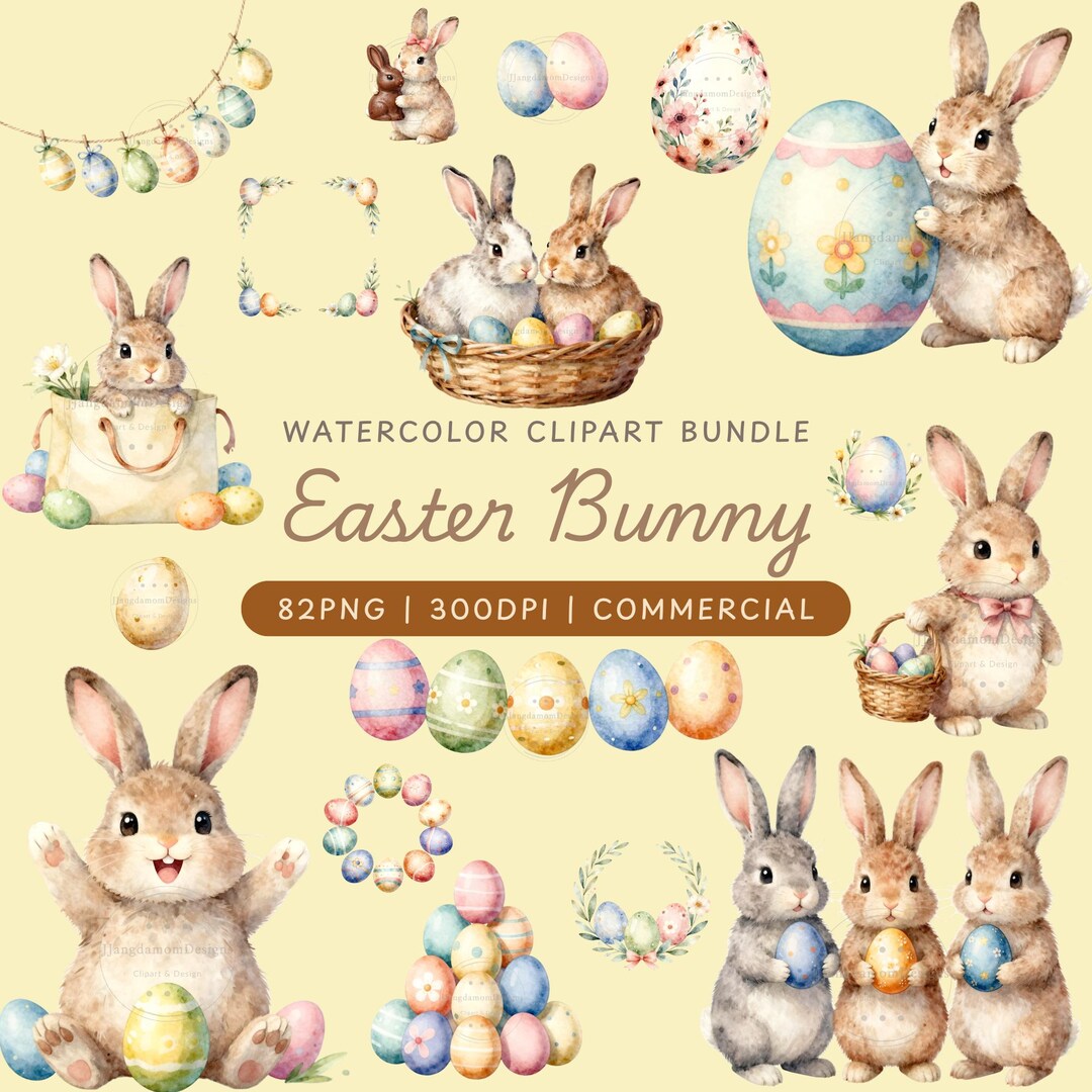 Easter Bunny Clipart Bundle, Watercolor Spring Rabbit PNG, Nursery ...