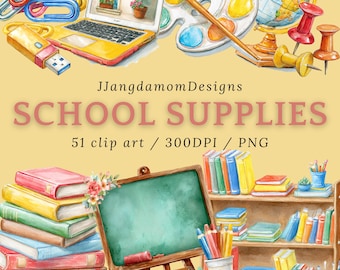 Clipart de útiles escolares en acuarela: Paquete de planificadores para maestros (descarga digital)