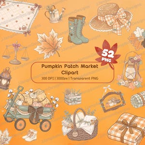 Può includere: Una collezione digitale di clipart Pumpkin Patch Market con illustrazioni di un carro con zucche, un cappello di paglia, stivali, una lanterna, un cesto, coperte e foglie autunnali. Il testo recita Pumpkin Patch Market Clipart 52 PNG 300 DPI 3000px Transparent PNG.