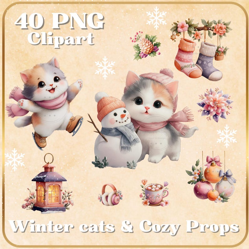 Watercolor Winter Cat Clipart Bundle: Cozy Christmas PNG Stickers ...