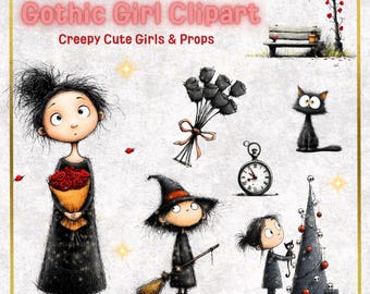 Gothic Girl Clipart | Spooky PNG Bundle, Halloween, Christmas (60 Files)