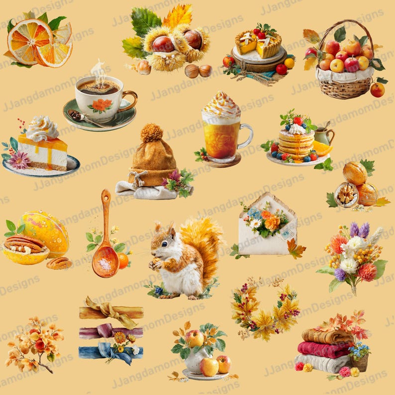 Autumn Watercolor Clipart Bundle: 100 Cozy Fall PNG Elements (digital ...