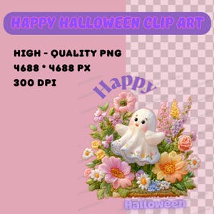 Pode incluir: Ilustração digital de um fantasma amigável rodeado por flores coloridas. A imagem inclui o texto "Happy Halloween Clip Art" e detalhes técnicos como "High-Quality PNG" e dimensões em pixels.