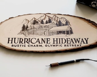 Personalized Woodburned Logo Sign | Rustic Live Edge Basswood Plaque