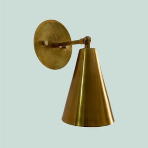 1 light Handmade Modern Brass Wall Sconce – Cone Shade Light Fixture | Mid-Century Modern Wall Lamp for Bedroom, Hallway, or Living Room