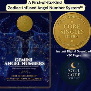 Könnte beinhalten: Digitaler Download eines Gemini Angel Numbers-Leitfadens. Das Bild zeigt ein Tablet mit dem Leitfaden, eine Goldmünze mit "Core Singles Edition" und ein Soul Code Circle-Logo. Der Hintergrund ist dunkelblau mit Sternen.