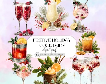 Christmas Cocktail Clipart, Watercolor Drinks PNG, Festive Clipart for Holiday Celebrations, Digital Download for Holiday Celebrations