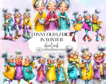 Clipart engraçado de velhinha de Natal, atividades de inverno, PNG caprichoso para artesanato, download digital, pacote de arte engraçada para o feriado