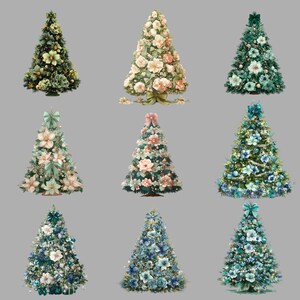 Pode incluir: Nove &aacute;rvores de Natal decorativas com v&aacute;rios designs florais e ornamentais. As &aacute;rvores apresentam uma variedade de cores, incluindo verde, branco, rosa e azul, com la&ccedil;os e ornamentos. Cada &aacute;rvore tem um arranjo &uacute;nico de flores e decora&ccedil;&otilde;es.