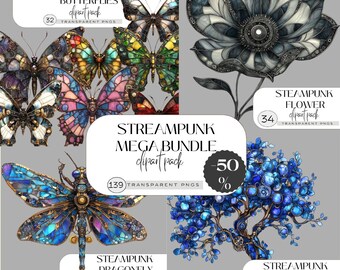 139 Steampunk Clipart Bundle, abstract High quality PNGs, Birthday Printable Graphics, Paper craft, Junk journals, Digital downloads,