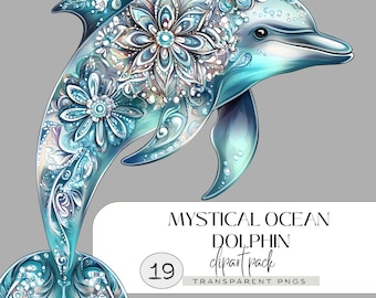 Watercolor boho dolphin clipart set, Mandala dolphin PNG bundle, Mystical ocean animal art, Teal marine design, Sublimation graphics