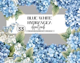 Watercolor flower blue green white hydrangea, floral wreath PNG, bouquet clipart, wedding frame corner set, botanical sublimation design