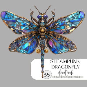 May include: Steampunk dragonfly illustration with intricate details. The wings feature a stained-glass effect in shades of blue, purple, and gold. The body has mechanical elements and gears. The image includes the text "STEAMPUNK DRAGONFLY clipart pack" and "35 transparent PNGs".