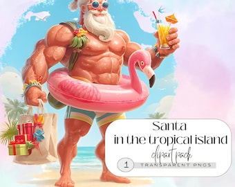 Tropische kerstman clipart, strand kerst png, grappige zomer kerstman, gespierde kerstman kunst, tropische vakantie grafisch, clipart Kerstmis in juli