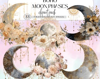Boho Moon Phases Clipart Set Gold Mandala Floral Moon PNG, Celestial Bohemian Moon Art, Mystic Lunar Phases Wall Decor,Digital Download