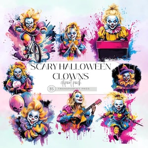 Paquete de imágenes prediseñadas de payasos de Halloween aterradores: PNGs de circo espeluznantes (descarga digital)