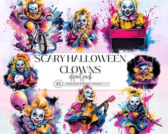 Scary Halloween Clown Clipart, Creepy Halloween Circus PNG, Carnival Illustration, Horror Graphics, Spooky Costume Digital Download