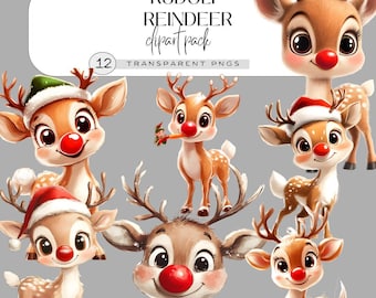 Rudolf Reindeer Clipart, Cute Christmas Reindeer PNG, Baby Reindeer Clipart Set, Kawaii Reindeer, Winter Animal Clip art
