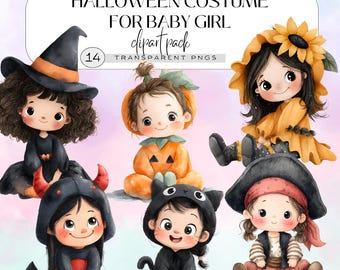Halloween Baby Girl Clothes Clipart, Cute Digital Art for Nursery Decor, First Halloween Clipart, Baby Shower PNG
