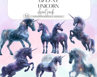 Galaxy Unicorn Clipart Set, Cosmic Fantasy Horse Illustration, Mystical Animal Graphics, Galaxy Printable, Magic Digital Download