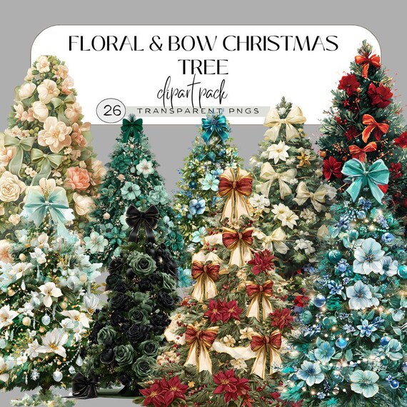 Floral Christmas Tree Clipart Set, Bow Decorated Holiday Trees PNG, Elegant Watercolor Xmas Tree Bundle, Winter Floral Clipart