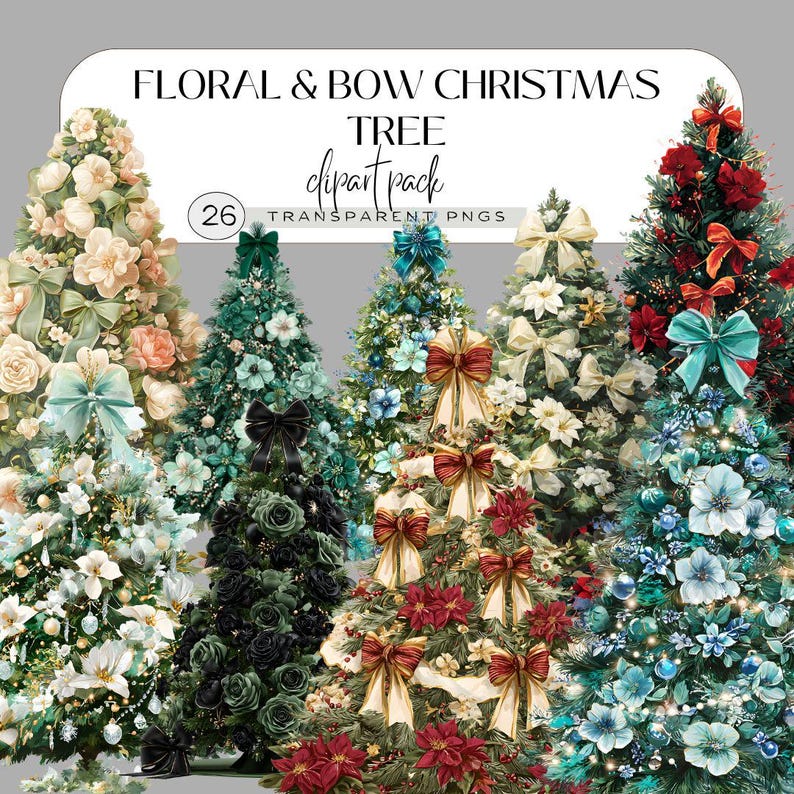 Pode incluir: Uma cole&ccedil;&atilde;o de seis imagens de clipart de &aacute;rvores de Natal. Cada &aacute;rvore &eacute; decorada com flores e la&ccedil;os em v&aacute;rias cores, incluindo branco, verde, vermelho e dourado. O texto "FLORAL & BOW CHRISTMAS TREE clipart pack" est&aacute; no topo, com "26 TRANSPARENT PNGS" abaixo.