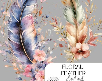 26 Floral feather clipart, Printable boho watercolor feather and flowers, High Quality PNGs, Digital download, Paper craft, Junk journals