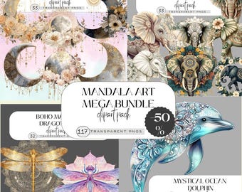 117 Lotus Mandala Clipart, Meditation Spiritual Bundle, Watercolor Print High Quality PNG, Digital Download, Paper Craft, Junk Journal