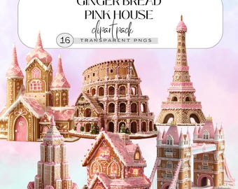 Clipart de casa rosa de pão de gengibre, aquarela de Natal PNG, download digital, biscoitos fofos, arte de confeitaria de inverno