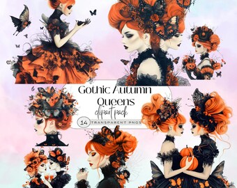 Gothic Autumn Girl Clipart, Cozy Fall Illustrations, Autumn Queens Watercolor PNG, Witchy Halloween Illustrations for Scrapbooking Project