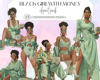 Clipart de chica negra con dinero, PNG de estafadora, arte de mujer negra atrevida, descarga digital para planificadores y manualidades