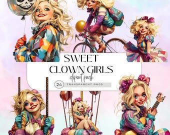 Halloween Circus Girl Clipart – Cute Clown PNG Set, Colorful Carnival Clip Art, Funny Girl Illustrations, Kids Party Decor,