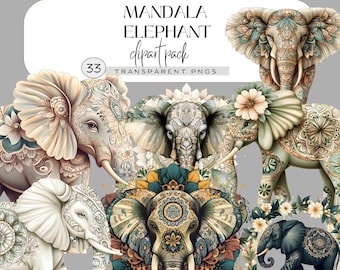 Mandala Elephant Clipart, Boho Yoga PNG, Spiritual Elephant Art, Floral Elephant Mandala, Zen Animal Clipart Set