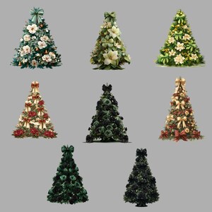 Pode incluir: Uma cole&ccedil;&atilde;o de nove &aacute;rvores de Natal decorativas. Cada &aacute;rvore &eacute; adornada com v&aacute;rios arranjos florais, la&ccedil;os e ornamentos em uma variedade de cores, incluindo branco, verde, vermelho e dourado. As &aacute;rvores est&atilde;o em um fundo cinza neutro.