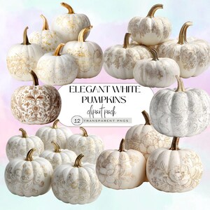 May include: An assortment of white pumpkins with gold stems and intricate gold floral designs. The image includes the text "ELEGANT WHITE PUMPKINS clipart pack" and "12 TRANSPARENT PNGS". These decorative pumpkins are perfect for fall decor.