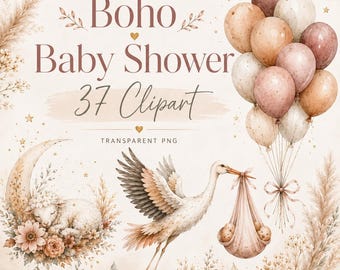 37 Boho Watercolor Clipart Baby Shower, Cute Nursery Decor Wall Art, DIY Card, Junk Journal Kit, Scrapbooking Supplies, Commercial use